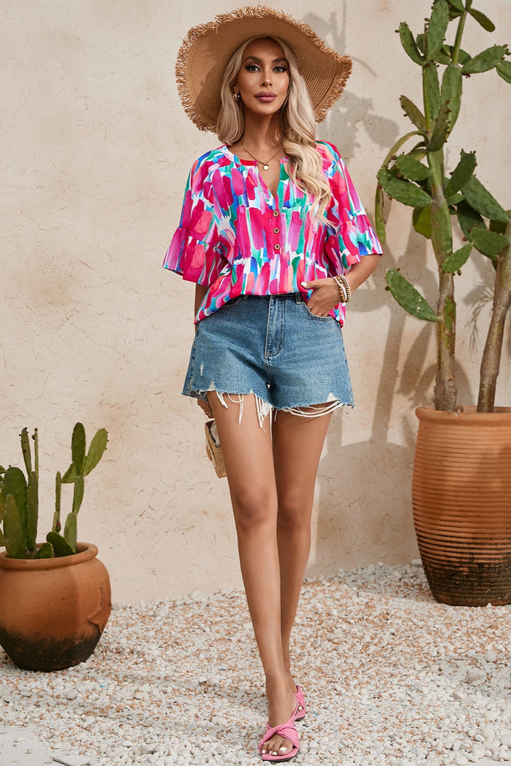Printed Notched Half Sleeve Blouse