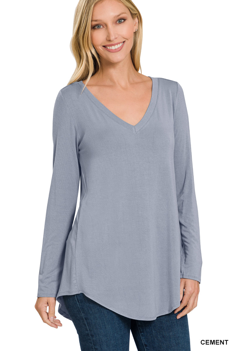 Luxe Rayon Long Sleeve V-Neck Dolphin Hem Top