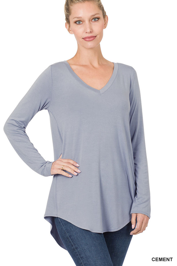 Luxe Rayon Long Sleeve V-Neck Dolphin Hem Top