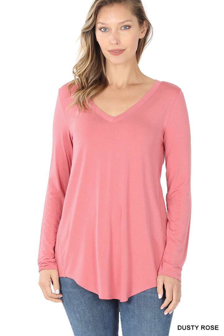 Luxe Rayon Long Sleeve V-Neck Dolphin Hem Top