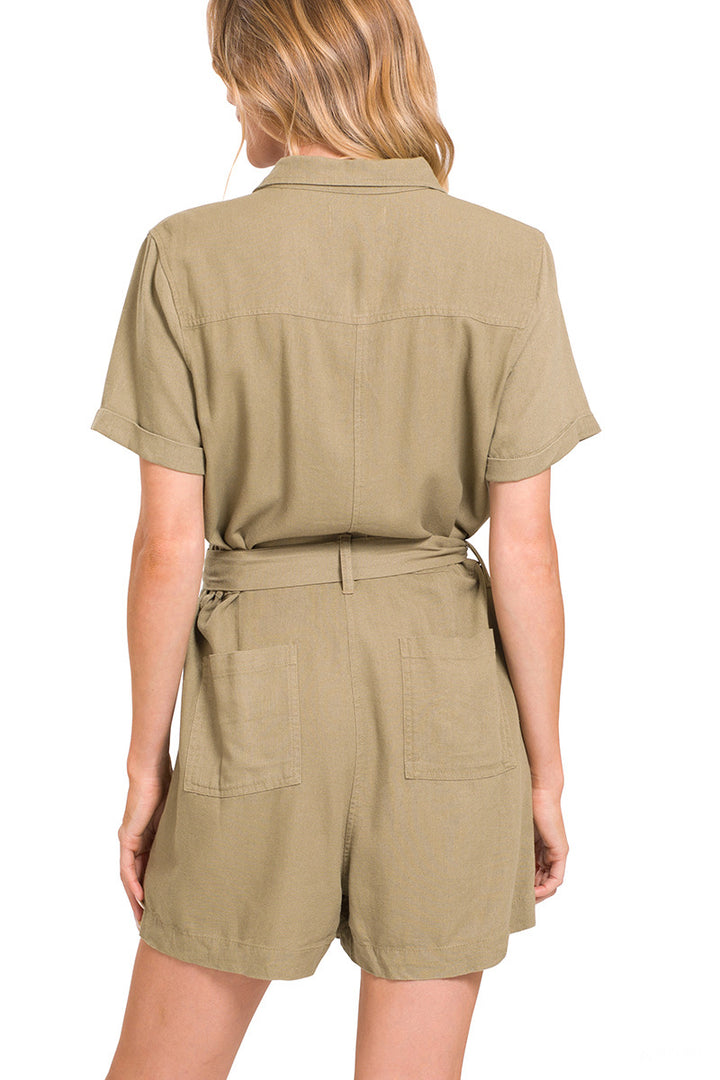 Button Front Belted Shirt Romper