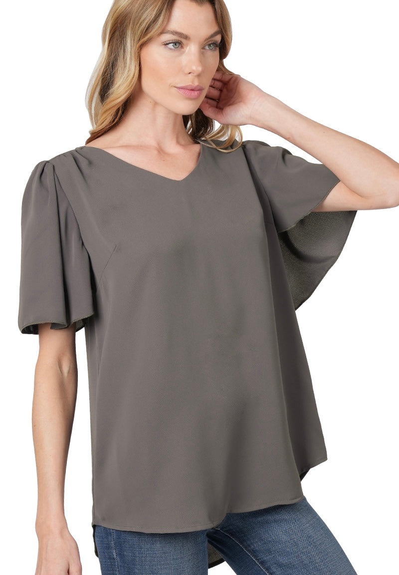 Waterfall Sleeve V-Neck Round Hem Top