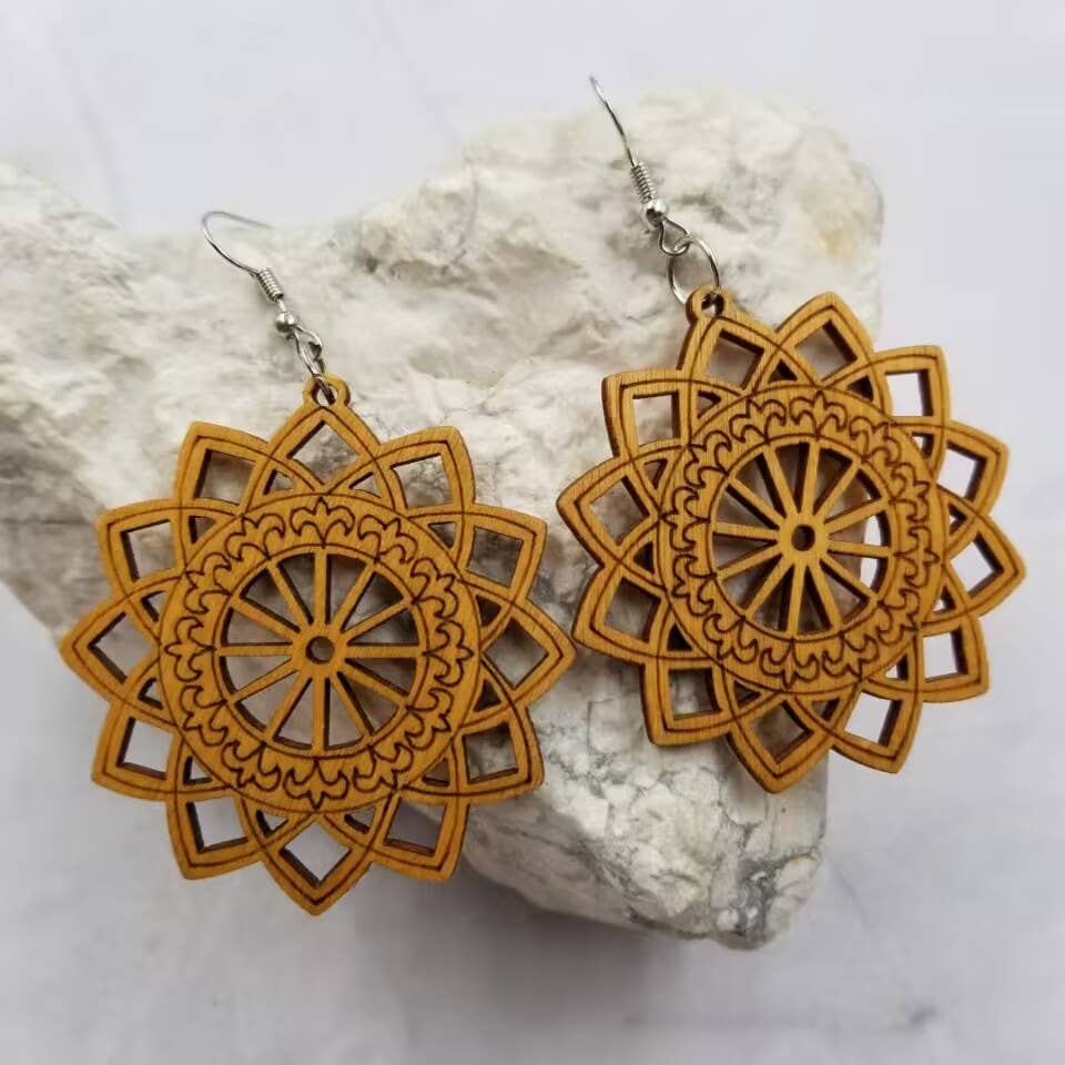 Hollow Flower Wood Earring