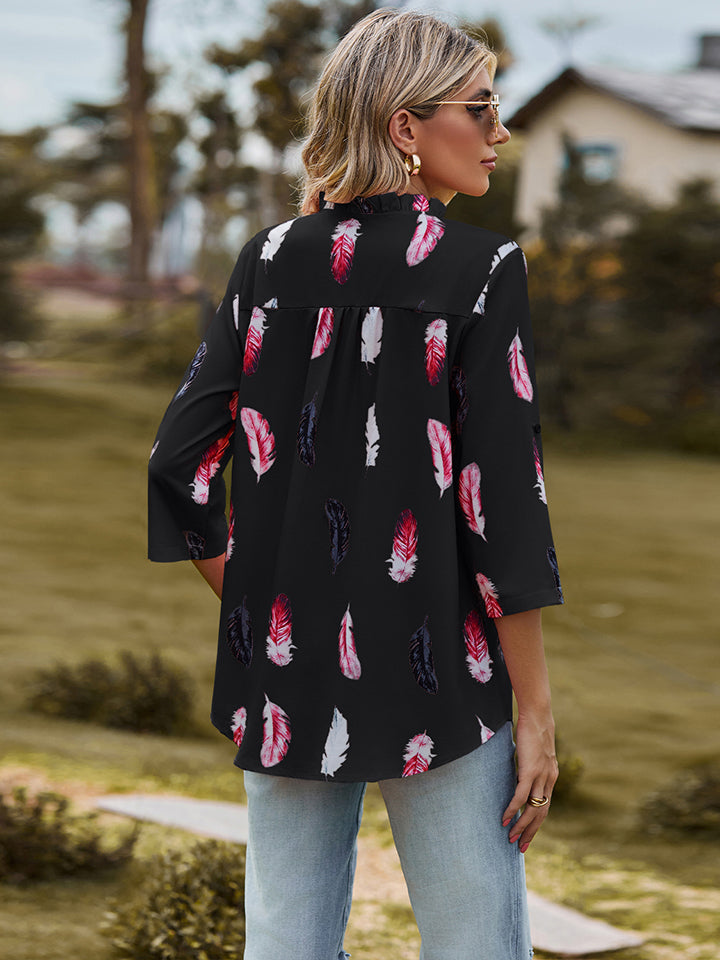Printed Roll-Tab Sleeve Notched Neck Blouse