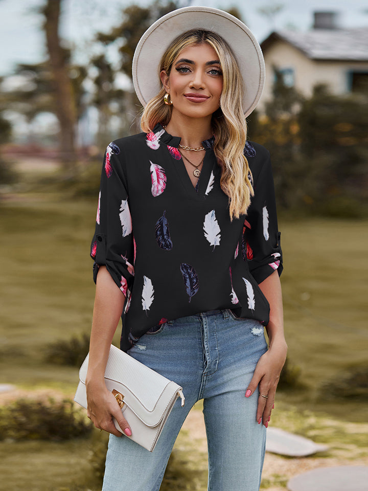 Printed Roll-Tab Sleeve Notched Neck Blouse