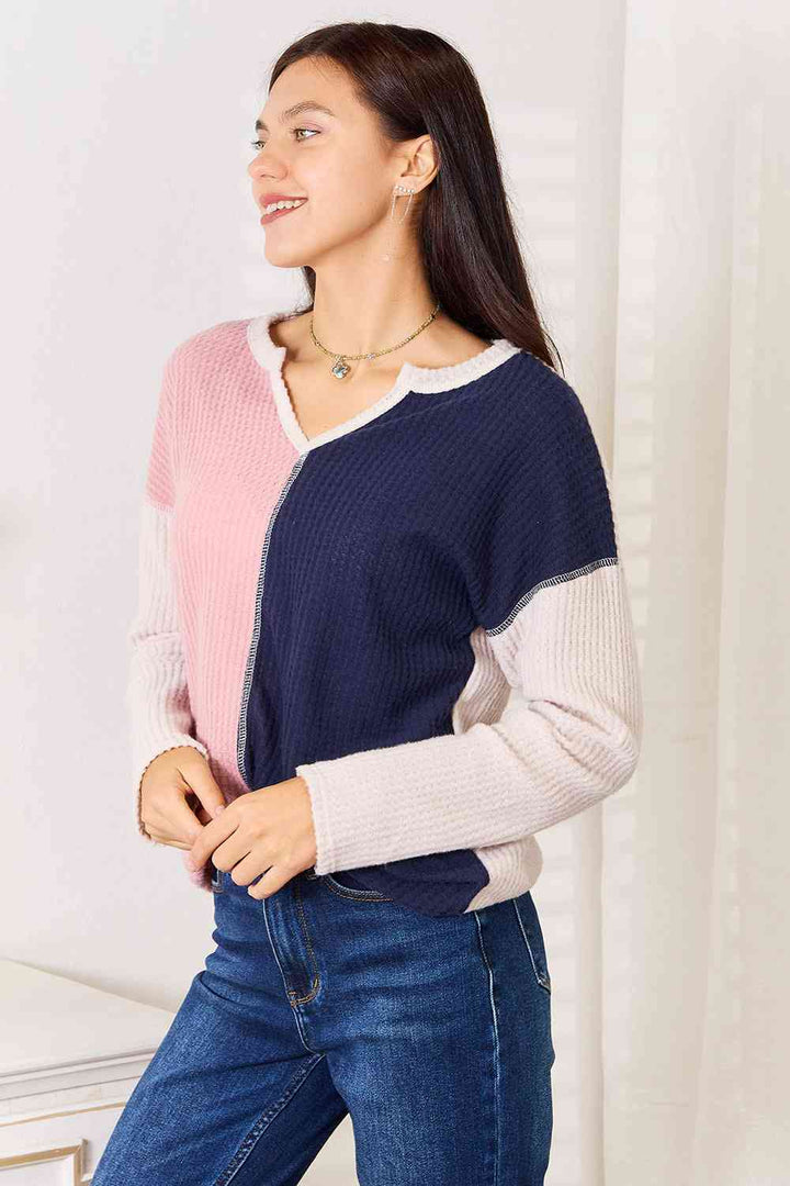 Heimish Full Size Solid Color Block Contrast Top