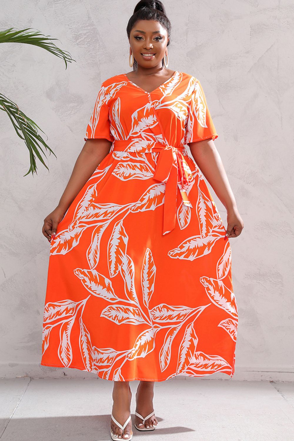 Plus Size Printed Surplice Short Sleeve Maxi Dress