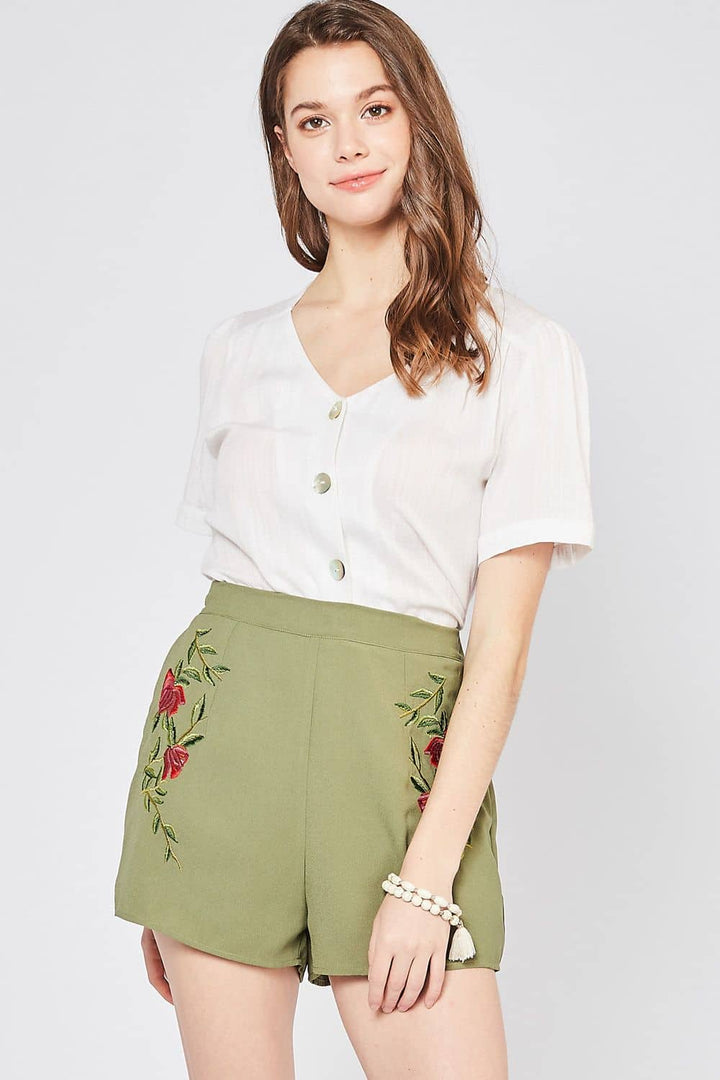 High Waist Shorts with Floral Embroidery